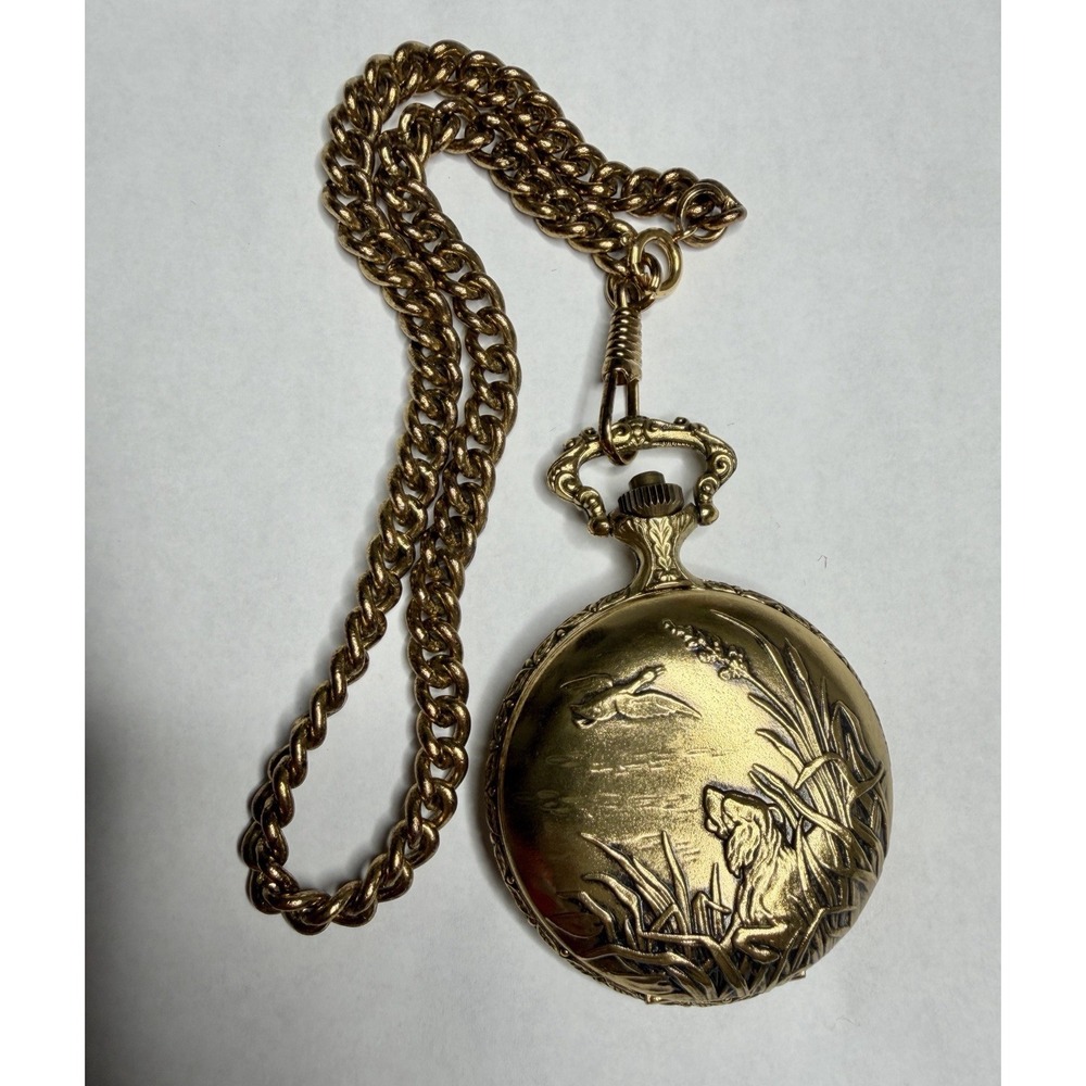Armitron Quartz Pocket Watch Gold Tone Hunting Dog Scene Hunters Railroad Watch